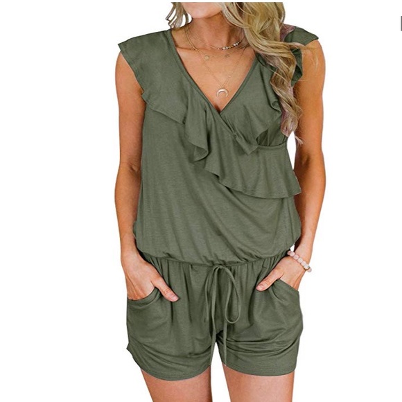 Pants - Beautiful woman jumpsuit romper v neck ruffle